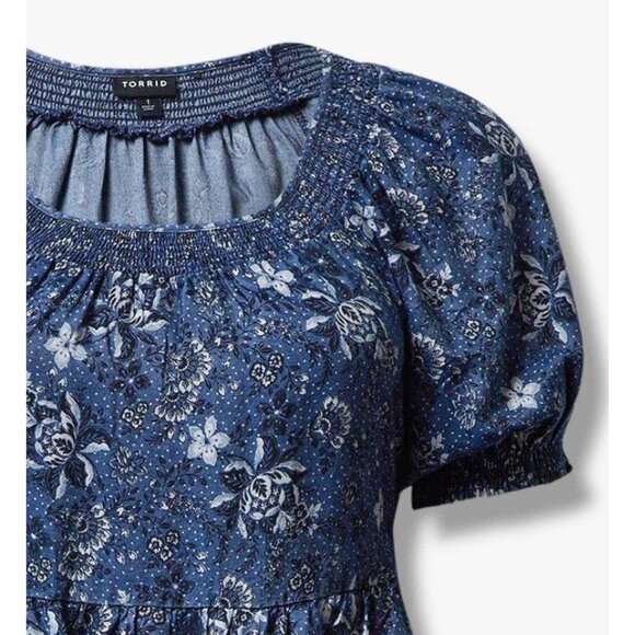 NWT Torrid 1 Mini Chambray Puff Sleeve Smocked Dress 1X 14 16 - Picture 7 of 12